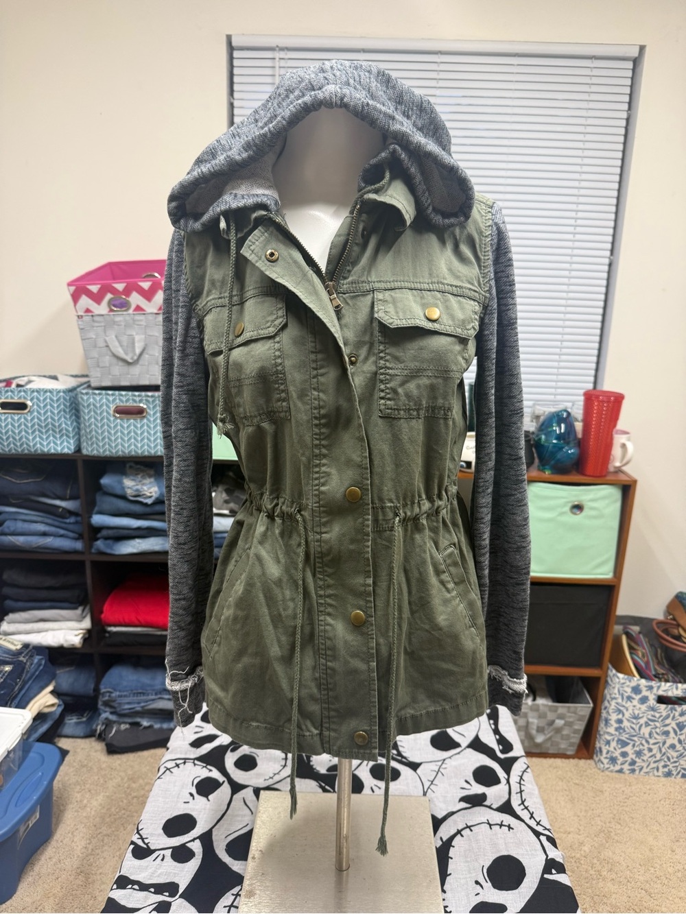 Mudd Olive Green Utility Jacket with Gray Knit Hood & Sleeves